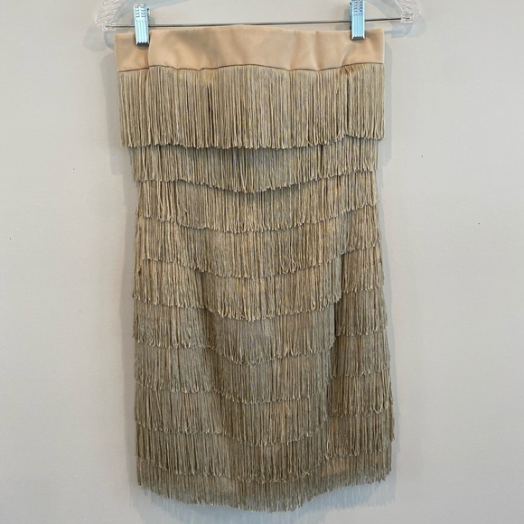 Jay Godfrey Mini Silk Fringe Strapless Dress Tan - Picture 2 of 12